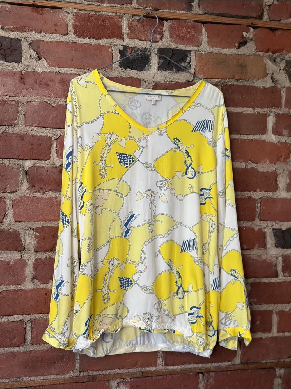Yellow Nautical Print Viscose Coastal Maritime Top Long Sleeve V-Neck Blouse
